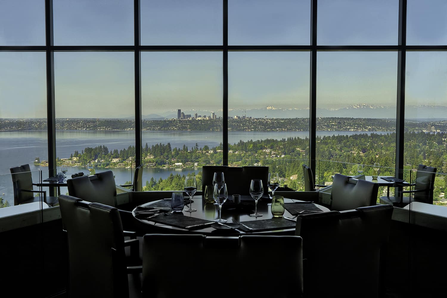 Bellevue steakhouse window overlooking Lake Washington and view of Seattle from 31st floor