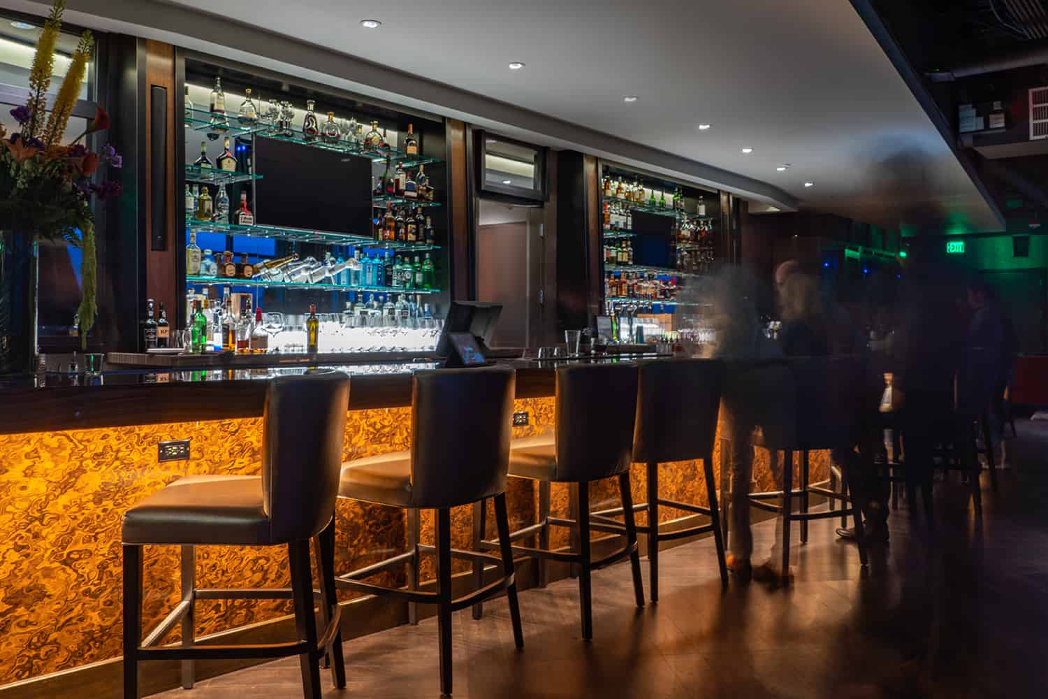 High end restaurant bar with extensive menu of wine, champaign, cocktails, beer, gin, and whiskey