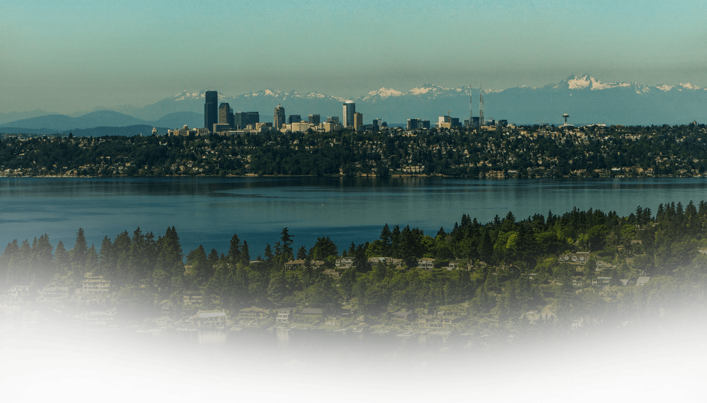 View from Bellevue fine dining restaurant of Lake Washington at Seattle skyline
