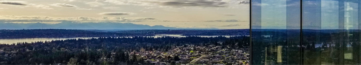 Bellevue city and Lake Washington view from Ascend steakhouse balcony