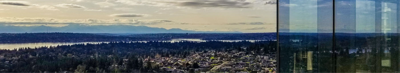 Bellevue city and Lake Washington view from Ascend steakhouse balcony