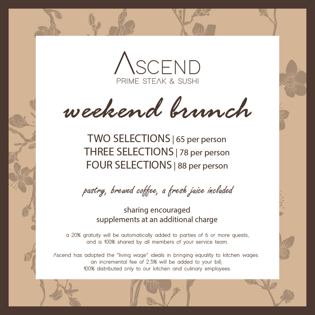 Ascend Prime Steak & Sushi | weekend brunch menu | page 1 | pricing