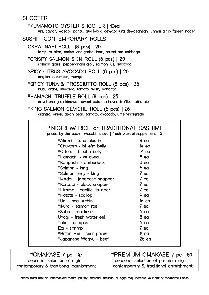 Ascend Prime Steak & Sushi | dining room menu | page 3 | oyster shooter - sushi - omakase - premium omakase