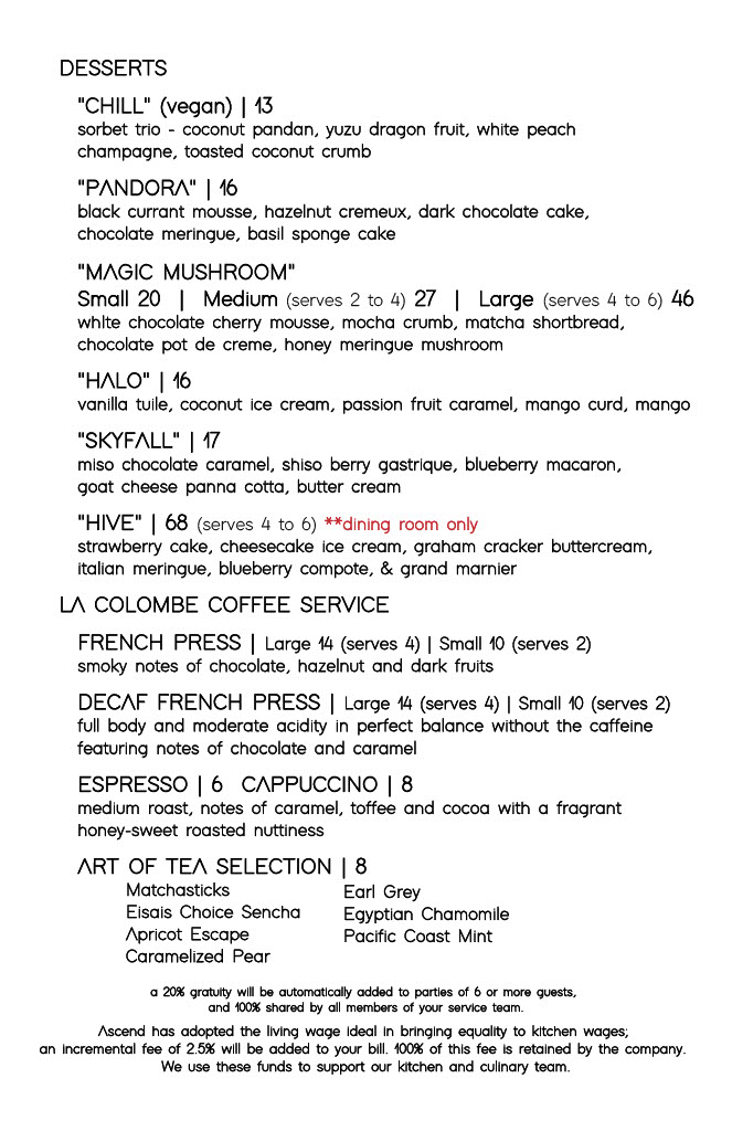 Ascend Prime Steak & Sushi | dining room menu | page 4 | desserts - la colombe coffee service