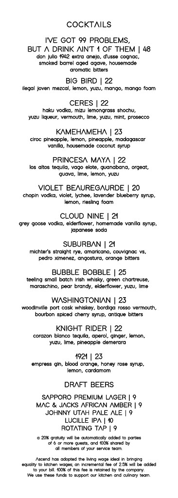 Ascend Prime Steak & Sushi | dining room menu | page 6 | cocktails - draft beers