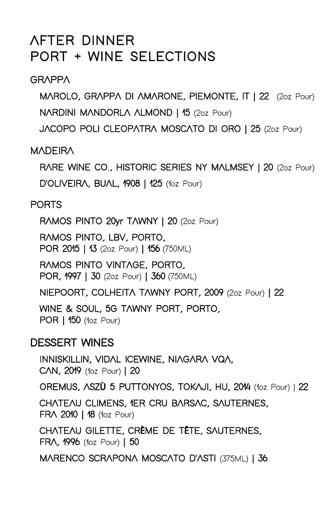 Ascend Prime Steak & Sushi | dining room menu | page 7 | after dinner port + wine selections: grappa - madeira - ports - dessert wines
